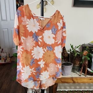 DR2 Orange Floral Blouse with Blue and White Accents